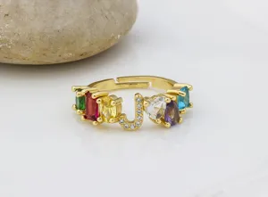 Anello Regolabile con Lettera J in Zirconia Colorata Placcato Oro Moda Donna