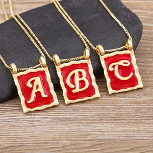 Retro 18K Gold Plated Copper Square Initial Letter Pendant Necklace Red Enamel Zirconia Clavicle Chain Jewelry For Women Men