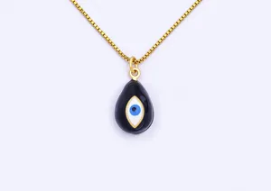 Exquisite 18k gold plated evil eye pendant necklace with delicate black teardrop design.