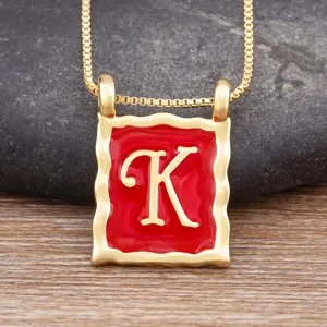 Gold Plated Letter K Necklace Red Enamel Square Pendant Vintage Clavicle Chain Jewelry