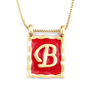 Gold plated letter B necklace with red enamel square pendant trendy dainty clavicle chain