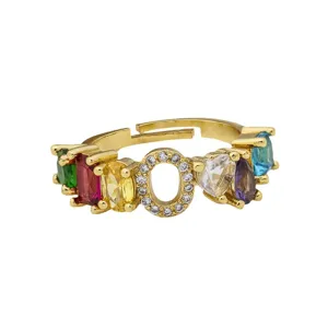 Anello lettera O in zircone cubico multicolore placcato oro gioielli regolabili.