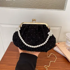 Sac Bandouliere Coquillage Plisse Femme Vintage Tissu Sac A Main Avec Poignee Perles Et Chaine Metal Mini Sac Epaule