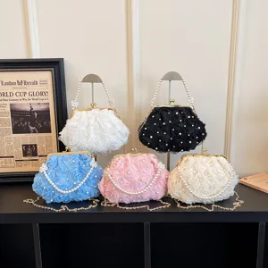 Women Pearl Chain Evening Bag Vintage Mesh Floral Kiss Lock Shell Bag Elegant Crossbody Shoulder Handbag