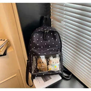 Black polka dot backpack with clear front pocket, trendy student school bag for casual daily use.