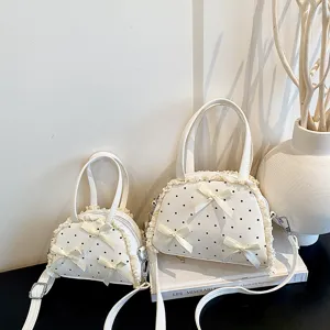 Süße Damen Punktmuster Spitze Schleife Handtasche PU Leder Schultertasche Umhängetasche Mode Vielseitig Pendler Tasche