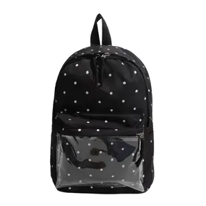 Black polka dot backpack with clear front pocket for women stylish casual school book bag