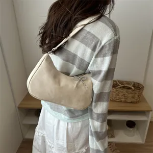 Women shoulder underarm bag chic solid color hobo handbag with beaded bow pendant summer style