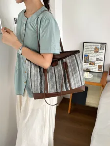 Woven tote bag large capacity casual shoulder bag stylish commute handbag for women daily wear