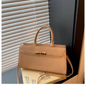 Khakifarbene Handtasche mit Krokodilmuster, elegante Umhängetasche und Henkeltasche für Damen.