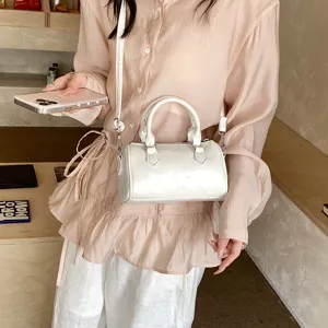 Trendy white leather boston pillow handbag casual retro cylinder crossbody bag for women summer.