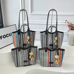 Rainbow Striped Woven Tote Bag Large Capacity Casual Straw Shoulder Bag With PU Leather Handle For Women Summer Beach Bag