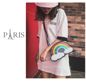 Bolso cruzado de moda con lentejuelas de arcoiris y nube, bonito bolso de hombro de dibujos.