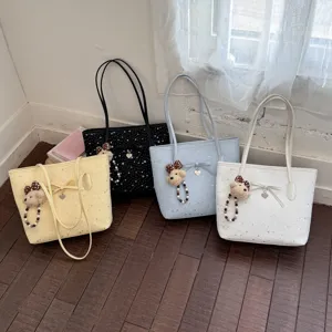 Women Large Capacity PU Leather Tote Bag Fashion Bow Star Print Casual Daily Shoulder Handbag With Cute Plush Pendant
