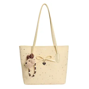 Fashion cute bow tote bag large capacity star print casual shoulder bag with plush bear