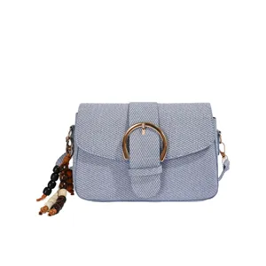 Stylish denim crossbody shoulder bag with gold buckle and beaded tassel charm for women main view