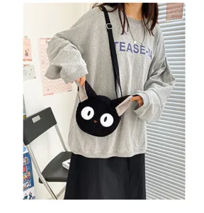 Süße schwarze Katze Plüsch Umhängetasche für Damen, weiche Cartoon Schultertasche kawaii.