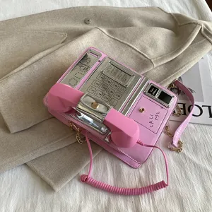 Kreative Telefon Form Umhängetasche Rosa PU Leder Retro Payphone Schultertasche mit Kette