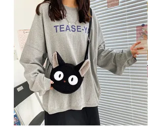 Süße schwarze Katze Plüsch Umhängetasche mit großen Augen, weiche Cartoon Schultertasche.
