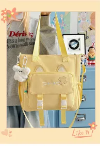 Niedliche gelbe Segeltuch-Tragetasche für Damen, multifunktionale Schultertasche mit Katzenohren.