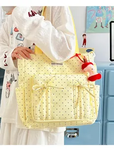 Bonito bolso tote de lona de lunares amarillos con bolsillos de lazo y gran capacidad escolar.