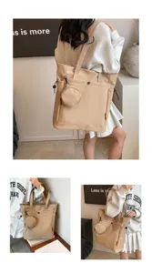 Close-up details of khaki tote bag showing large capacity, coin purse, and side drawstring.