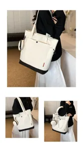 Large capacity canvas tote bag with contrast black bottom, shoulder bag and coin purse set.