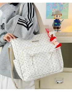 Bolso tote de lunares bonito con lazos y colgante de manzana, bolso de hombro grande para mujer.