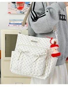 Bolso tote de lona con lunares blancos y lazos, bolso bandolera casual de gran capacidad.