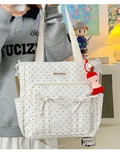 Bonito bolso tote de lona con lunares y lazo, bolso de hombro grande para uso diario y trabajo.
