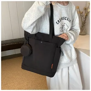 Large capacity black tote bag with small coin purse, casual shoulder bag for daily use.