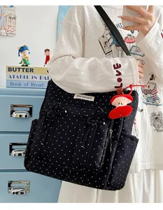 Bolso de hombro negro de lona con lunares, lazos bonitos y gran capacidad para la escuela.