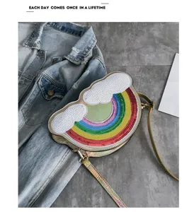 Lindo bolso cruzado de lentejuelas con nube de arcoíris para mujer, bolso de hombro brillante.