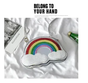 Bolso cruzado brillante de arcoíris y nube con lentejuelas, diseño lindo y moderno.