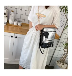 Kreative Retro Telefon Form Umhängetasche für Damen, lustige Neuheit Schultertasche Kette.