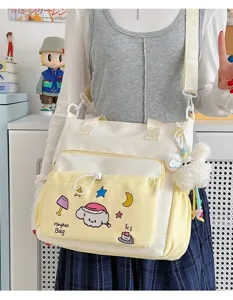 Niedliche Cartoon Canvas Umhängetasche mit Hündchen Bestickung, leichte Studententasche.