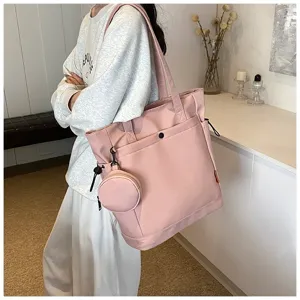 Large capacity pink tote bag with coin purse, stylish shoulder bag for women daily use.