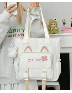 Niedliche Katzenohr Segeltuch Handtasche fuer Damen, taegliche Freizeittasche mit Anhaenger.