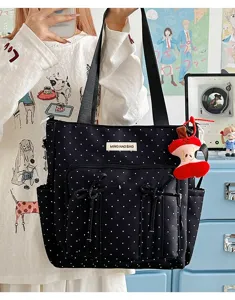 Bolso tote de lona con lunares negros para mujer, bolso de hombro grande con lazo lindo.