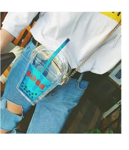 Transparente Boba Tee Tasse Umhängetasche holografische PVC Schultertasche mit Kette für Damen