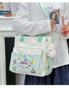 Niedliche Canvas Umhängetasche für Schüler, süße Cartoon Stickerei, leichte Freizeittasche.