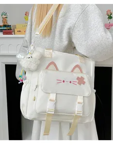 Süße Katzen-Leinwand-Umhängetasche für Damen, kawaii Tragetasche mit Ohren-Design.