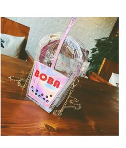 Transparente Boba Teetasse Umhängetasche mit einer bunten Laser Tasche und Kette.