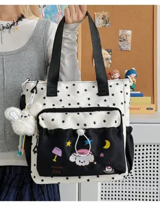 Niedliche Cartoon-Leinwand-Tasche für Schüler, lässige Schulter-Umhängetasche mit Stickerei.