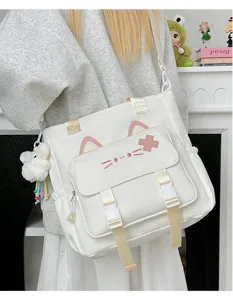 Weisse Umhängetasche mit Katzenohren und Schnalle, süsses Design für Alltag und Schule.
