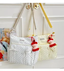 Bonito bolso tote de lunares con lazo y colgante de manzana, bolso de hombro de lona.
