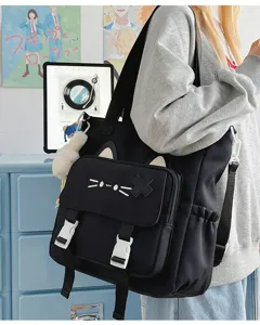 Koreanischer Stil süße Katzenohr Segeltuchtasche lässige Schulter Rucksack für Schule Pendeln Damen