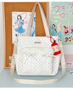 Bonito bolso de lona con lunares y lazo, gran capacidad bolso de hombro cruzado para mujeres.