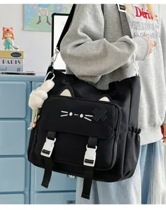 Detailansicht der süßen Katzen Canvas Umhängetasche, lässige Tasche für Schule und Alltag.