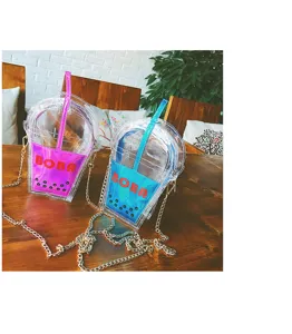 Transparente Boba Tee Umhängetasche, PVC Jelly Handtasche mit Kette und bunten Taschen.